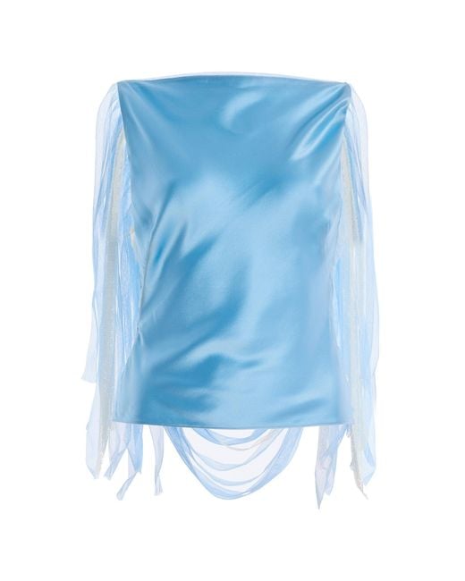 Christopher Esber Blue Exclusive Lattice Lace-Trimmed Hammered-Silk Top