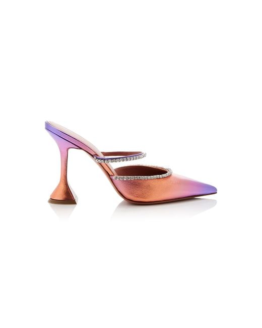 AMINA MUADDI Pink Gilda Crystal-embellished Metallic Leather Mules