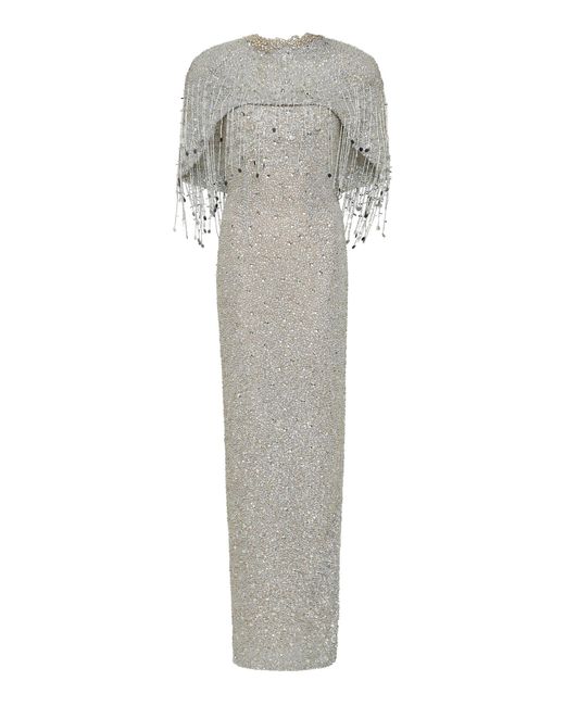 Rachel Gilbert Gray Nala Crystal-Embellished Cape Gown
