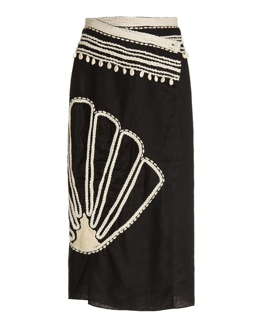 Johanna Ortiz Black Terra Of Ancestors Embroidered Linen Wrap Skirt