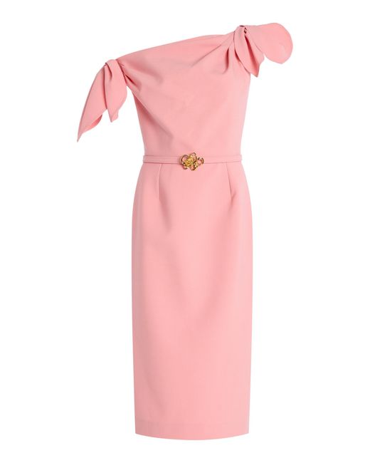 Oscar de la Renta Pink Asymmetric Knotted Wool-Blend Midi Dress