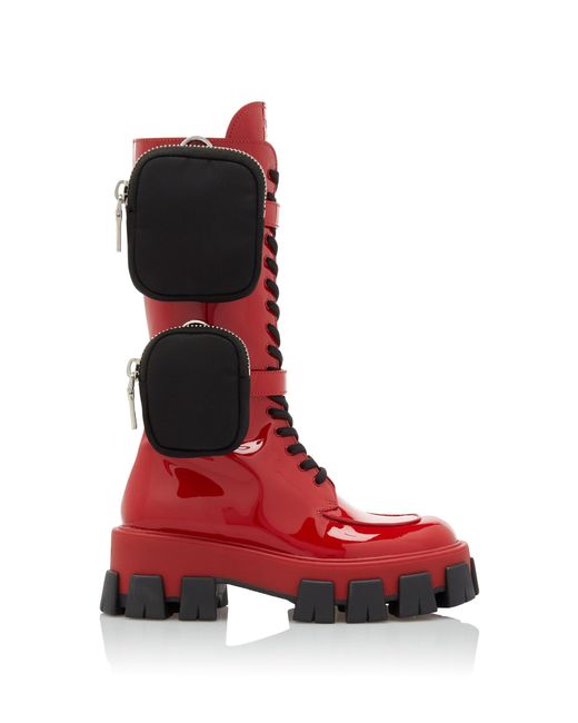 Prada Red Leather Combat Boots