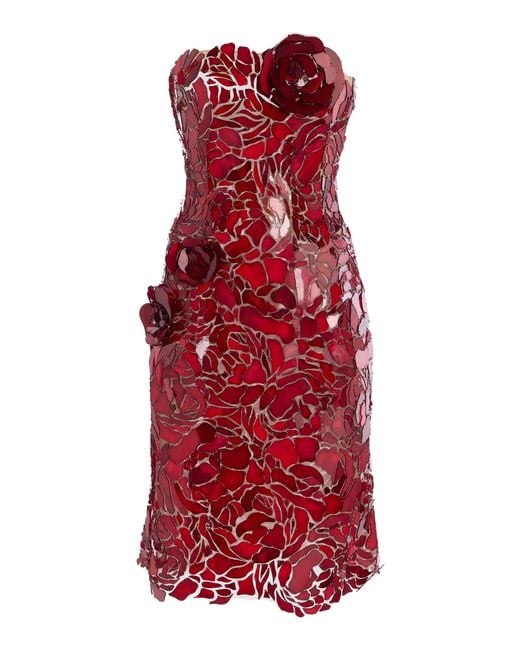 Oscar de la Renta Red Mosaic-Embellished Tulle Mini Dress