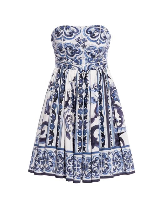 Dolce & Gabbana Blue Strapless Printed Cotton Mini Dress