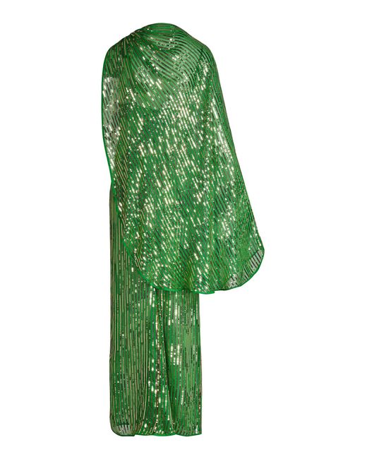 Johanna Ortiz Green Poder Tejido Caped Sequin Silk Maxi Dress