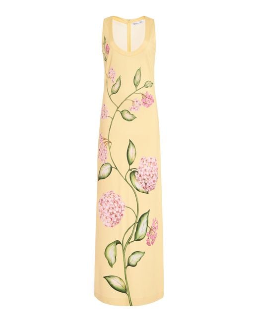 Oscar de la Renta Metallic Porcelain Flowers Stretch-Crepe Gown