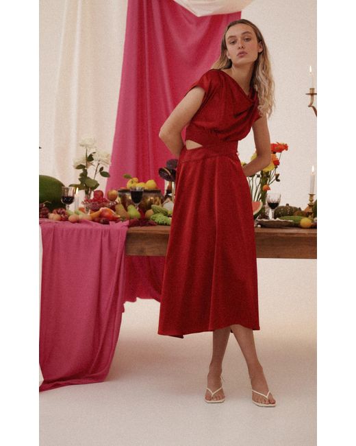 Acler Red Plympton Draped Cutout Satin Midi Dress