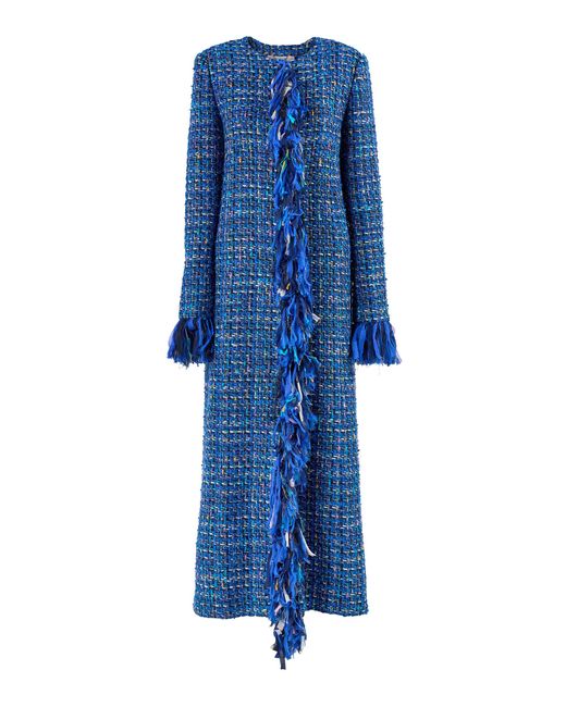Carolina Herrera Blue Fringed Multi Tweed Coat