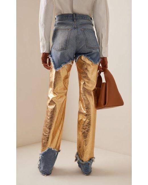 Brandon Maxwell Blue The Cortlandt Paneled Metallic Leather Straight-leg Jeans