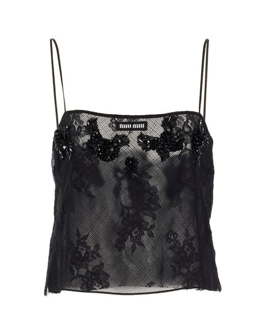トップス MIU MIU Lace Tops Miu Miu Lace Long Sleeve Crop Top - Size M