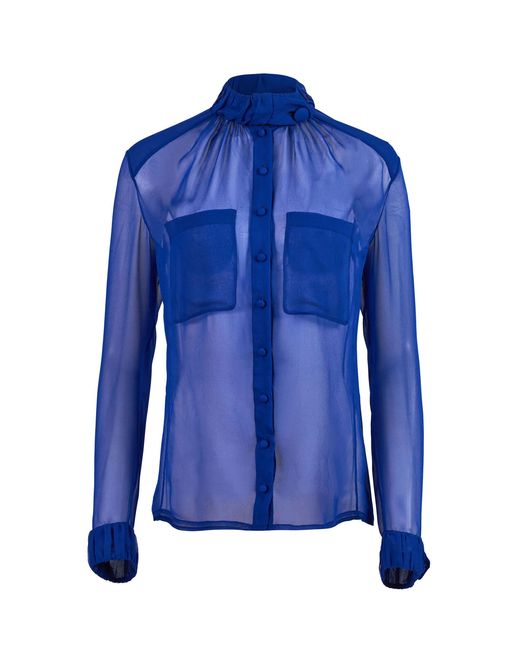 Carolina Herrera Blue Mock Neck Silk Chiffon Top