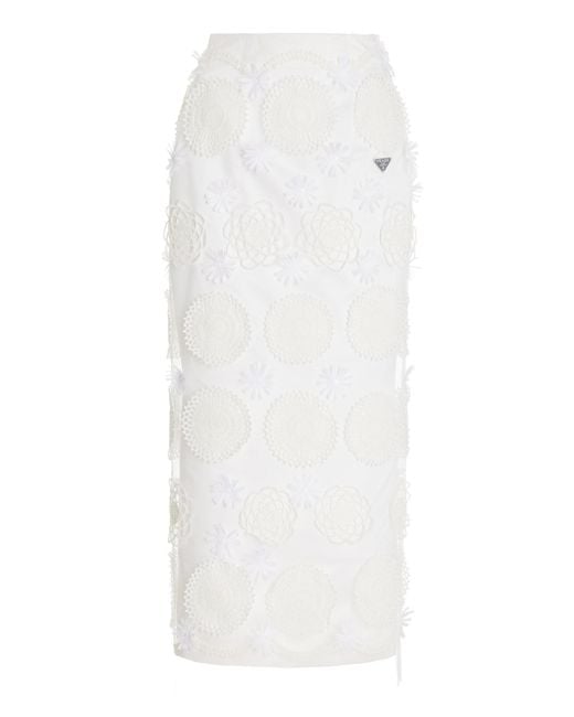 Prada White Duchesse Embroidered Silk Midi Skirt