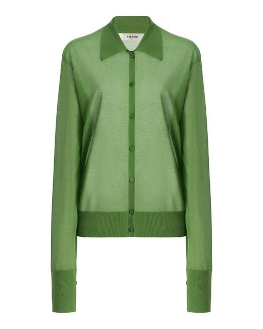 FRAME Green The Collared Cotton-Blend Cardigan