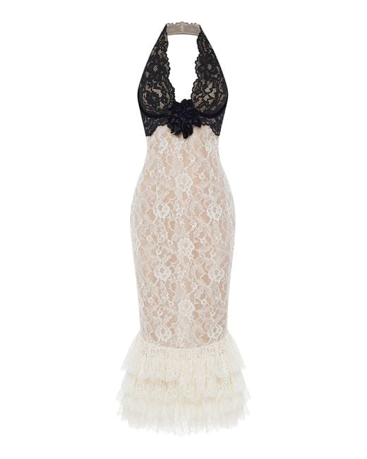 Rasario White Rosette-Detailed Lace Midi Dress
