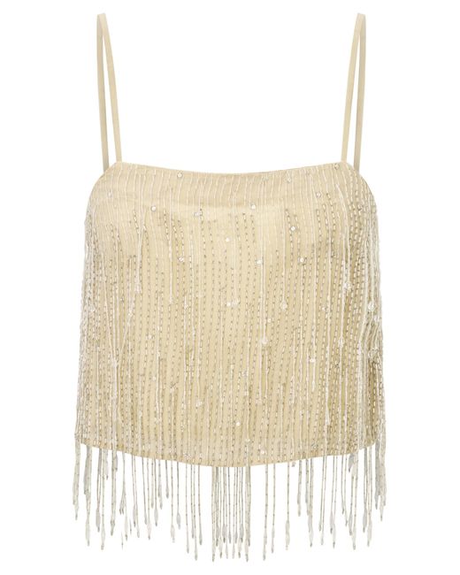 LoveShackFancy Natural Ambrina Disco Beaded Fringe Crop Top