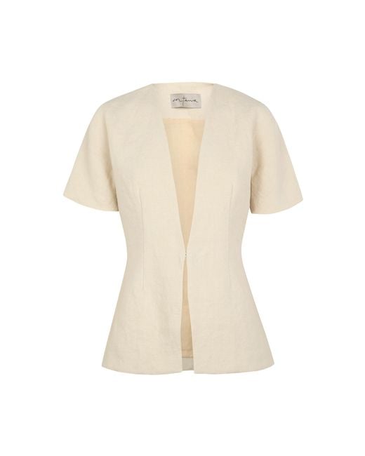 Cortana Natural Cala Plunging Neckline Linen Top