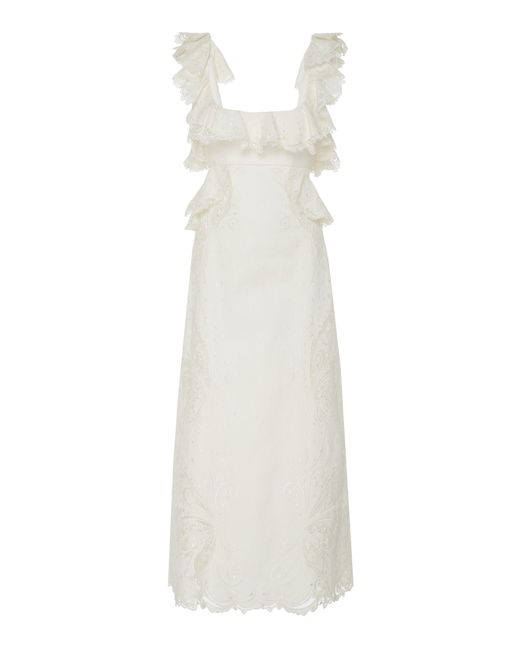 Zimmermann White Cutout Ruffled Silk-blend Midi Dress