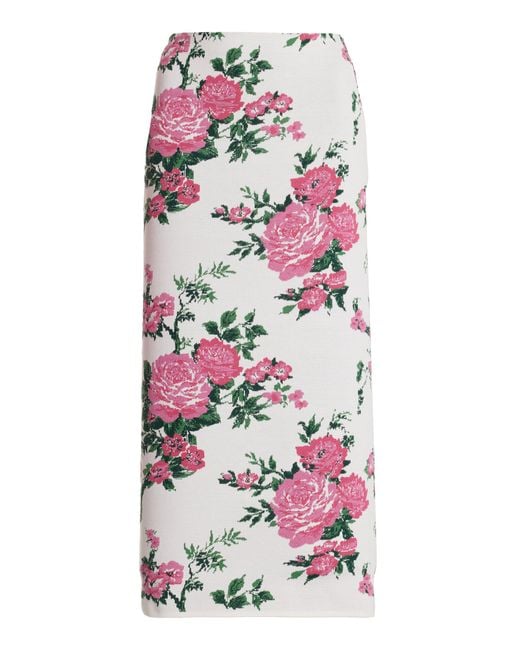 Carolina Herrera White Floral-printed Knit Silk Midi Skirt