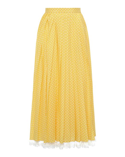 Miu Miu Yellow Lace-trimmed Pleated Polka-dot Crepe Midi Skirt