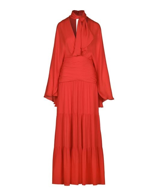 Johanna Ortiz Red A Place To Return To Cape-Sleeve Silk Maxi Dress