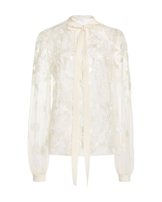Zuhair Murad White Tie-neck Floral-embellished Blouse