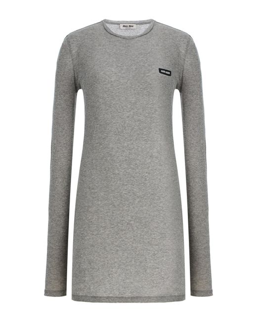 Miu Miu Gray Ribbed Cotton T-Shirt Mini Dress