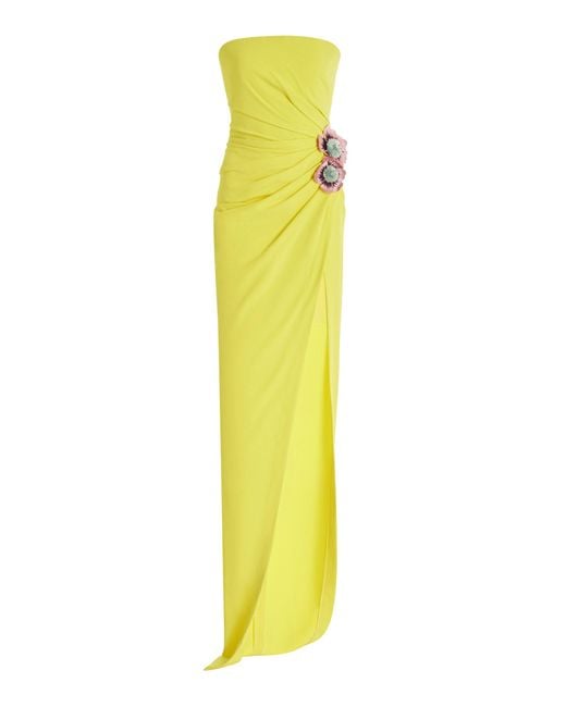 Oscar de la Renta Yellow Floral-appliquéd Gown