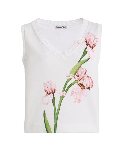 Oscar de la Renta White Painted Iris Cotton-Blend Tank Top