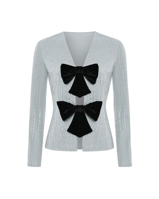 Rasario White Chiffon Crystal-Embllished Blazer With Bows