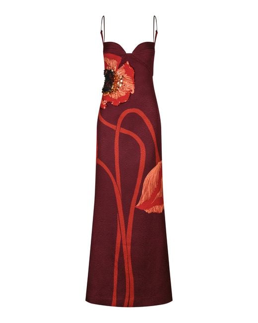 Johanna Ortiz Red Plentiful Qualities Embellished Wool-silk Maxi Dress