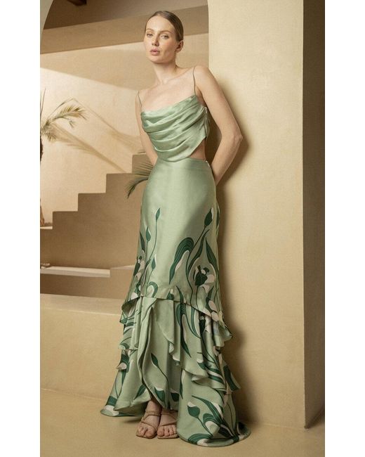 ANDRES OTALORA Green De Tulipanes Tiered Satin Maxi Skirt