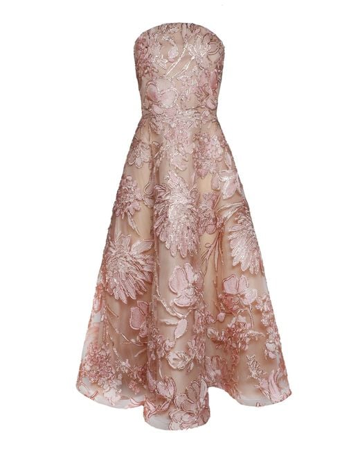 Naeem Khan Pink Metallic Floral Raffia Strapless Cocktail Dress