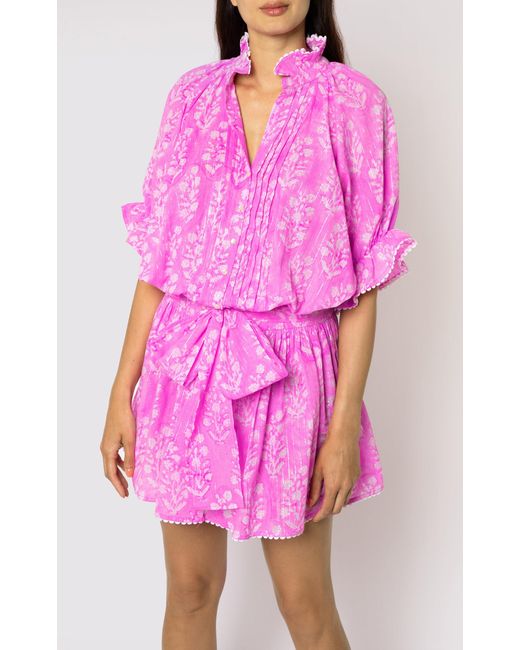Juliet Dunn Pink Small Flower Blouson Cotton Mini Dress