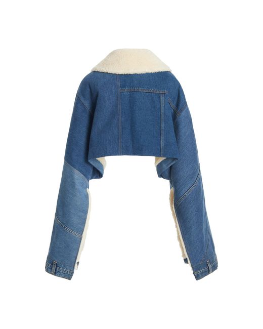 A.W.A.K.E. MODE Blue Cropped Upcycled Denim And Faux Fur Jacket