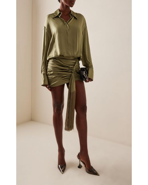 The Attico Green Fringe-detailed Silk Mini Shirt Dress