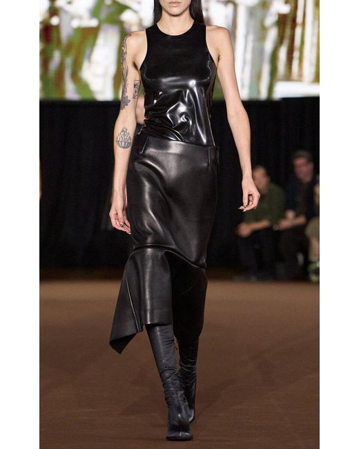 Mugler Black Asymmetric Leather Midi Skirt