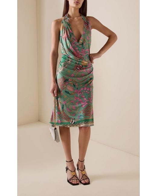 Versace Blue La Vacanza Printed Jersey Halter Midi Dress