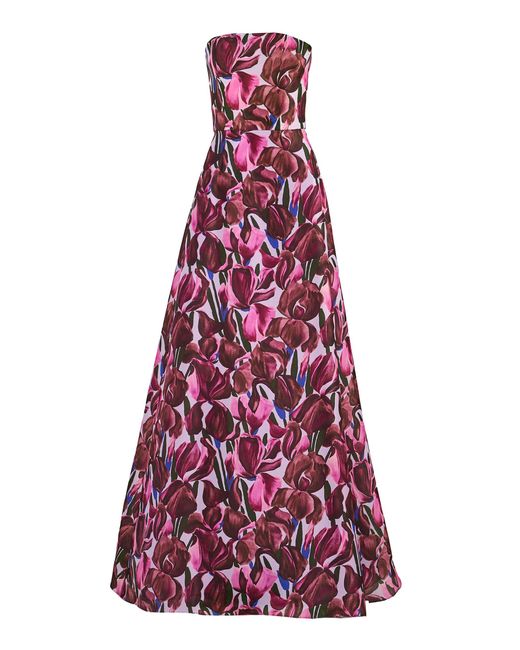 Carolina Herrera Purple Strapless Iris Print Silk Gazar Gown