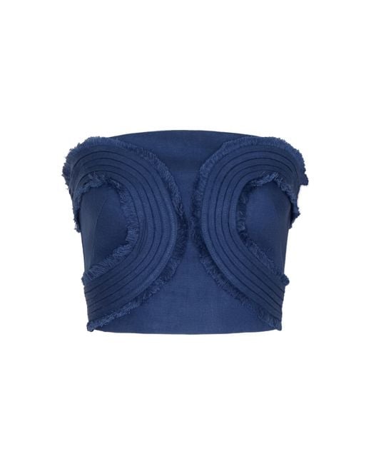 ANDRES OTALORA Blue Tan Calida Embroidered Linen Top