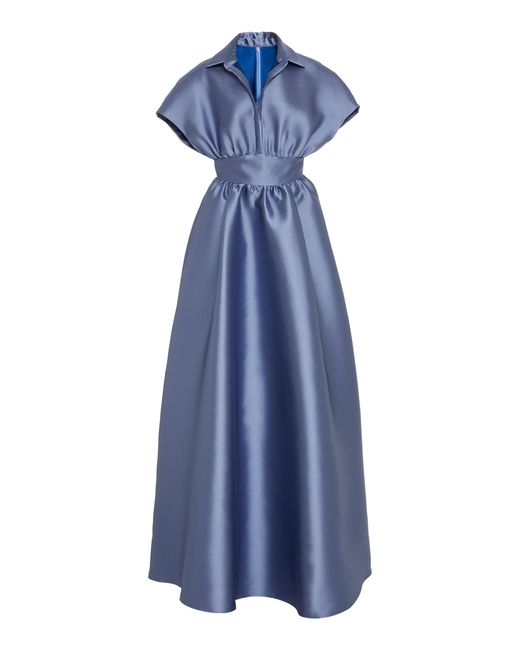 Lela Rose Blue Duchess Satin Collared Ball Gown