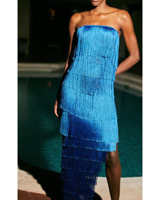 Francesca Miranda Blue Lili Strapless Fringed Silk-blend Dress