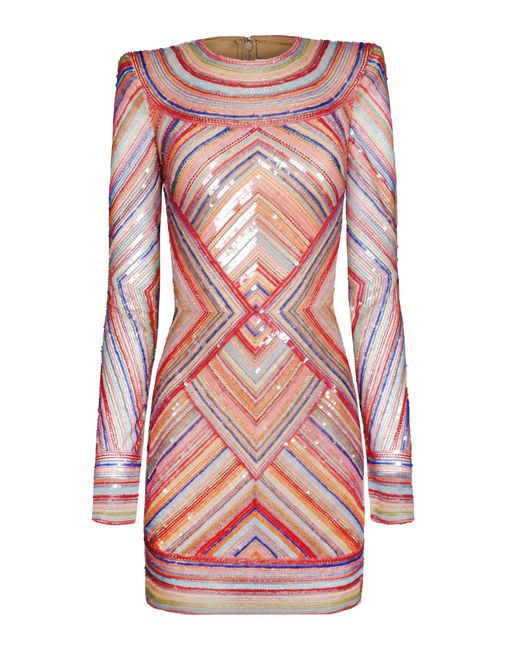 Naeem Khan Pink Beaded Striped Illusion Dress