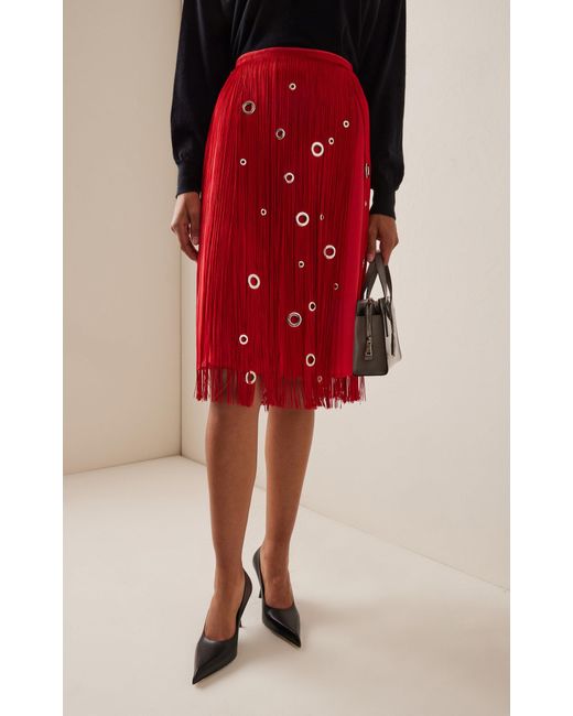 Prada Red Hand-studded Fringe Midi Skirt