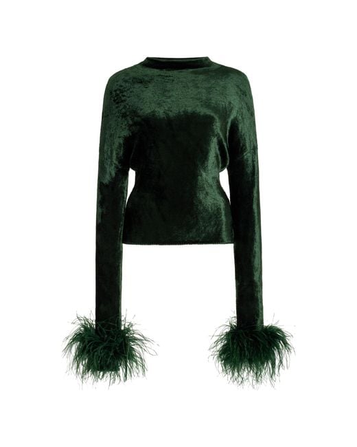 LAPOINTE Green Feather-Trimmed Dolman-Sleeve Velvet Top