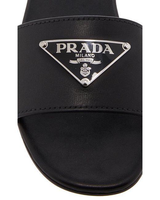 Prada Leather Logo Plaque Slides in Black - Save 22% - Lyst