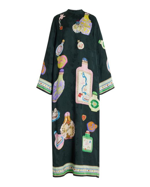 ALÉMAIS Green Royal Satin Jacquard Maxi Dress
