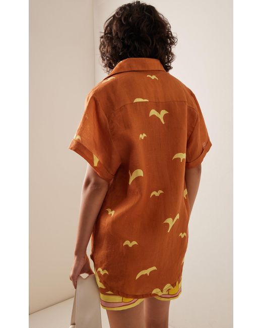 Cala De La Cruz Orange Freda Printed Linen Shirt