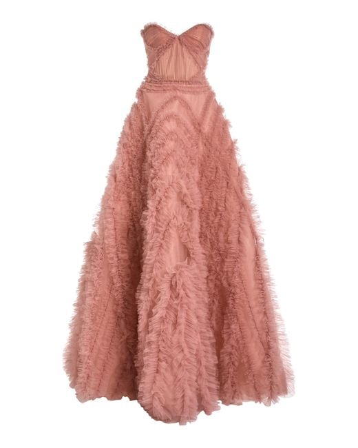 J. Mendel Pink Ruffled Strapless Tulle Gown