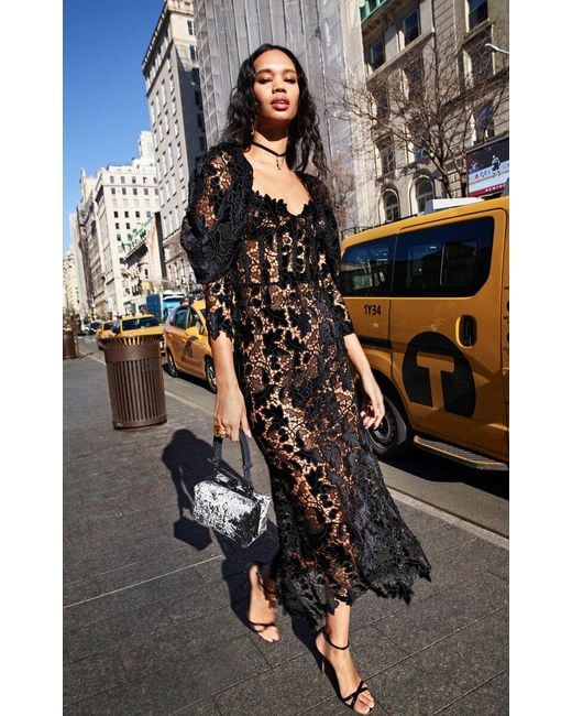 chinese dress ladies Staud Rosaline Black Guipure Lace Midi Dress