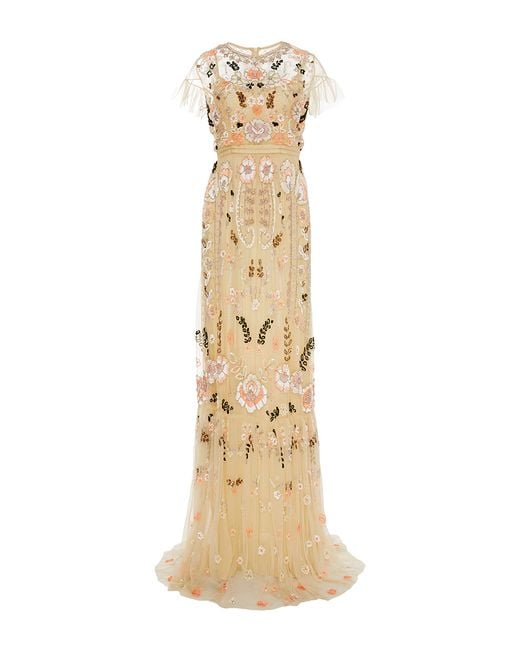 Needle & Thread Multicolor Dust Yellow Floral Embroidered Tiered Maxi Dress